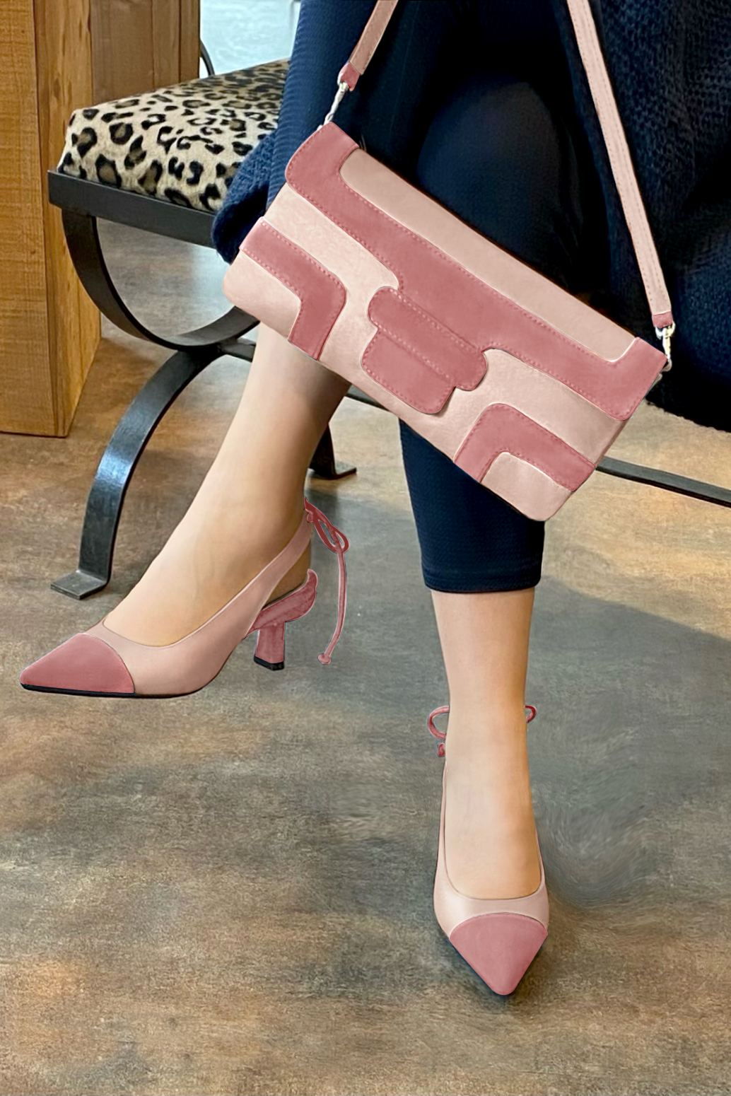 Dusty rose pink women's slingback shoes. Pointed toe. Medium spool heels. Worn view - Florence KOOIJMAN